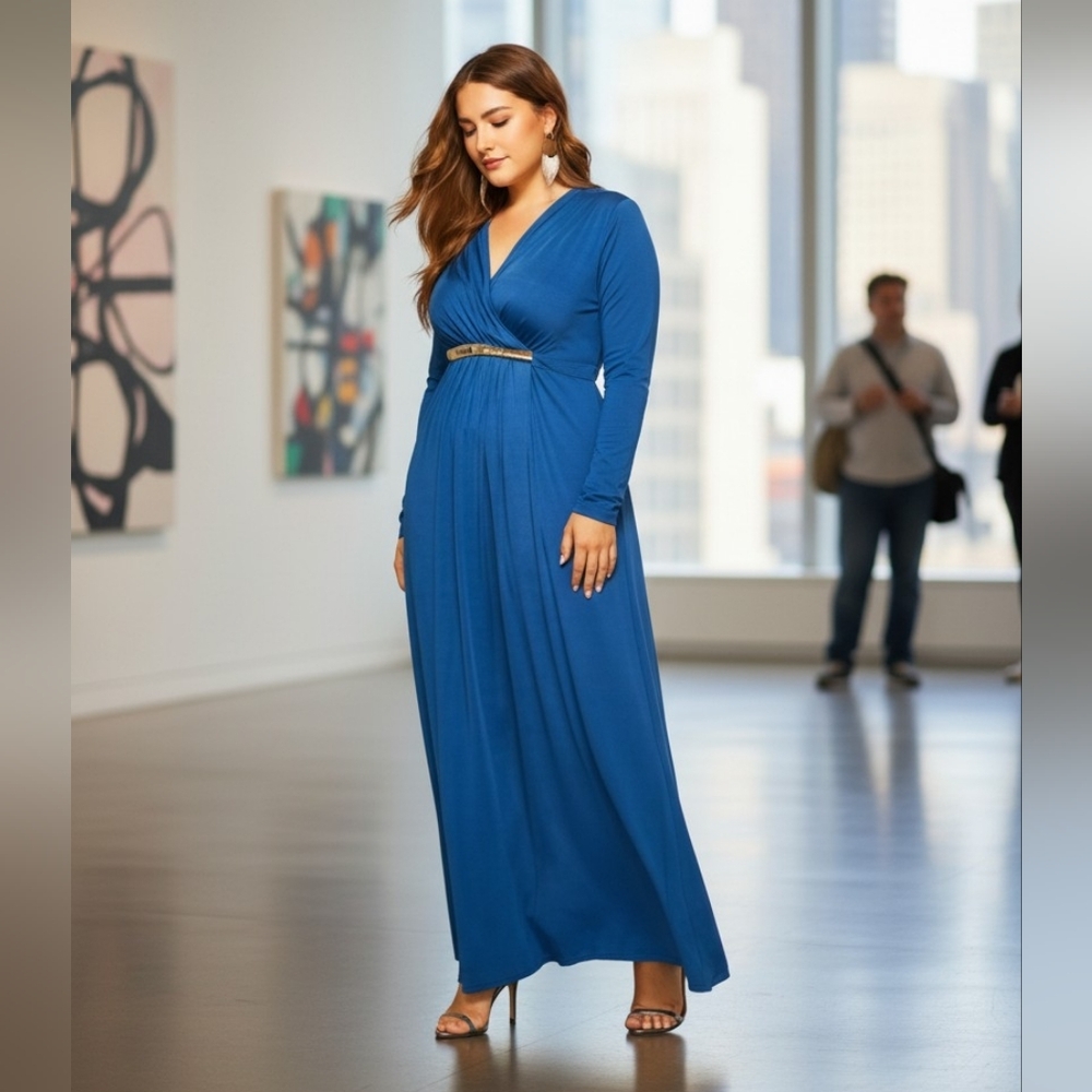 Sapphire Blue Maxi XL Plus Tall Dress Long Sleeve Attached Belt V Neckline